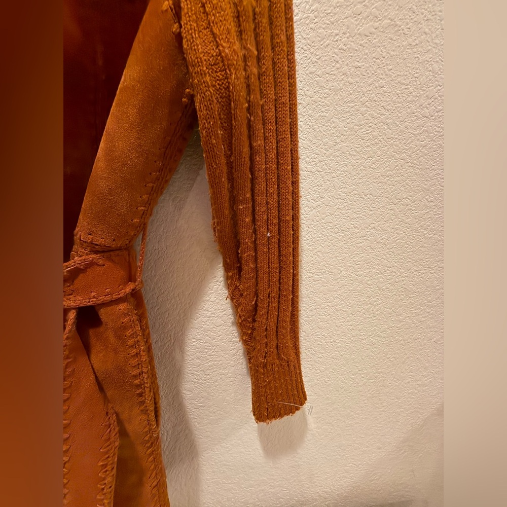 Vintage 1970s Terracotta Leather Suede Knit Crochet Hooded  Jacket Coat, Grunge - Picture 10 of 14